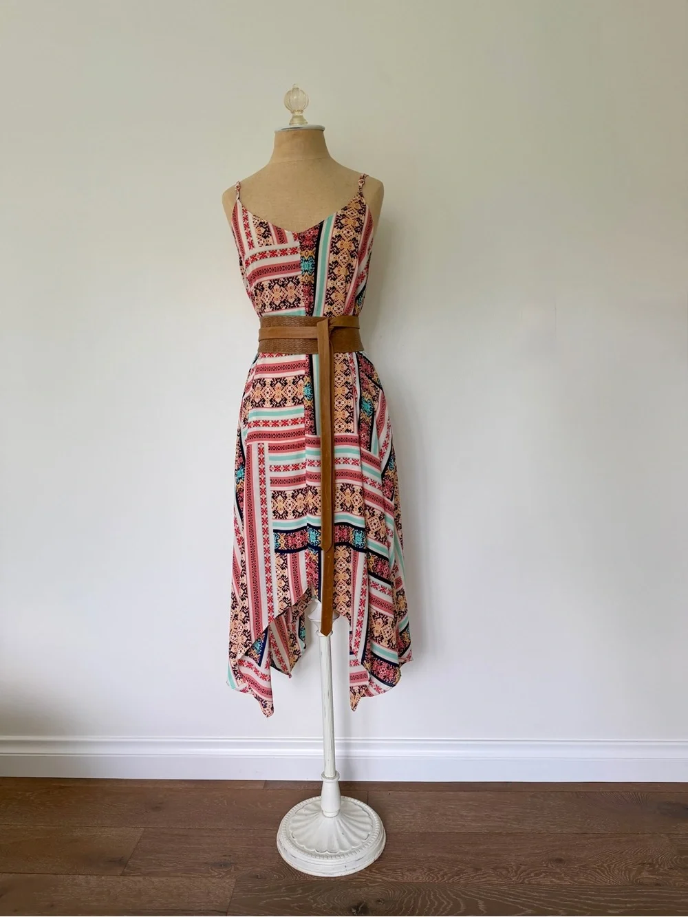 Romeo & Juliet Couture Coral Pink & Aqua Boho Handkerchief Hem Dress